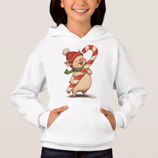Cute Pig with Candy Cane Kids Hoodie (Anverso)