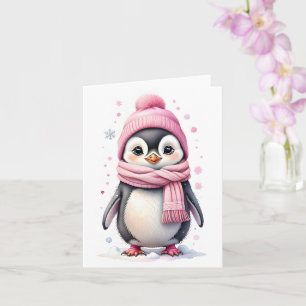 Cute Pingüino con sombrero rosa y bufanda Tarjeta