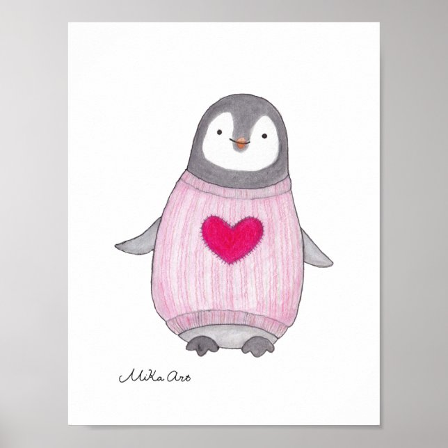 Cute pingüino Poster Pingüino Pintando arte de gua (Frente)