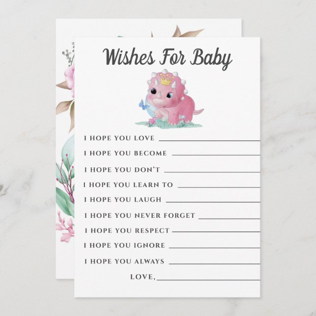 Cute Pink Dinosaur Peony desea tarjeta de Baby Sho (Anverso / Reverso)
