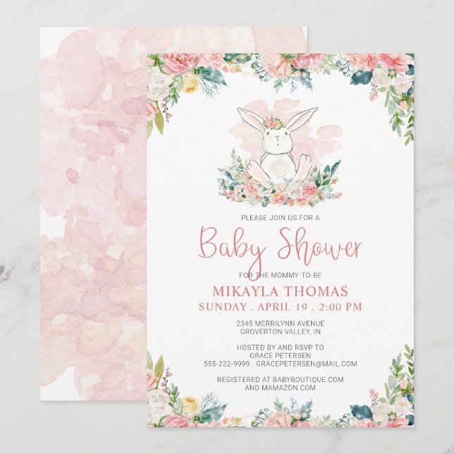 Cute Pink Floral Woodland Bunny Baby Shower (Anverso / Reverso)