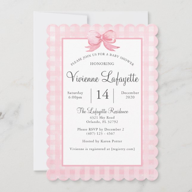 Cute Pink Gingham con invitación de Bow Baby Showe (Anverso)