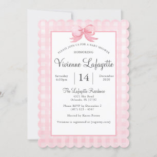Cute Pink Gingham con invitación de Bow Baby Showe
