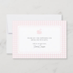 Cute Pink Gingham Swan Baby Shower Gracias Tarjeta
