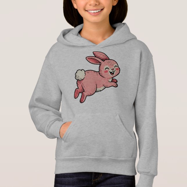 Cute Pink Hopping Bunny Rabbit Kids Hoodie (Anverso)