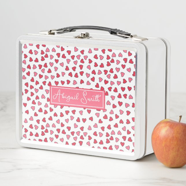 Cute Pink & Red Hearts Pattern Niños Lunch Box (In situ)