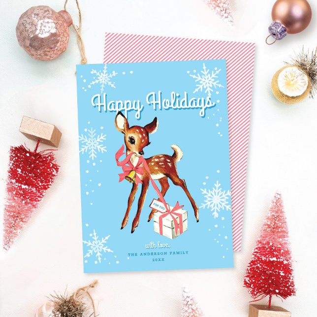 Cute Pink Retro Baby Deer Non-Photo Christmas Card (Subido por el creador)