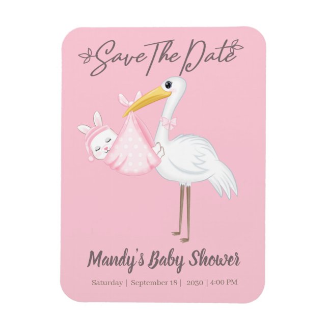 Cute Pink Stork Save the Date Imán Flexible (Vertical)