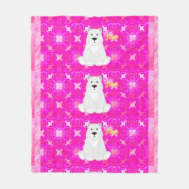 Cute Polar Bear Pink Floral Fleece Blanket (Anverso)