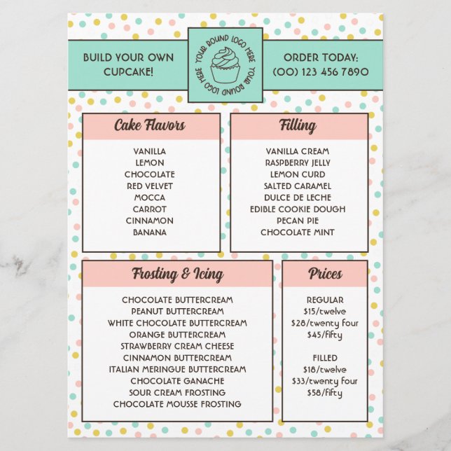 Cute Polka Dot Cupcake Bakery Menu (Anverso)