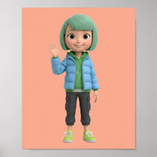 Cute póster de arte de chica de anime 3D saludando