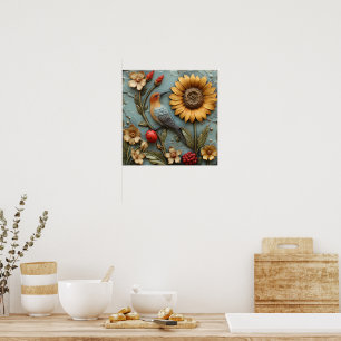 Cute póster de girasol con pájaro y mariquita flor