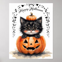 Cute Póster de Halloween de Gato Negro | Jack O L