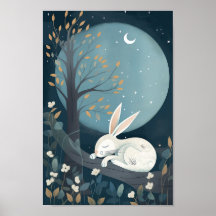 Cute póster de un conejo durmiendo bajo la Luna