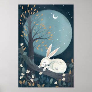 Cute póster de un conejo durmiendo bajo la Luna