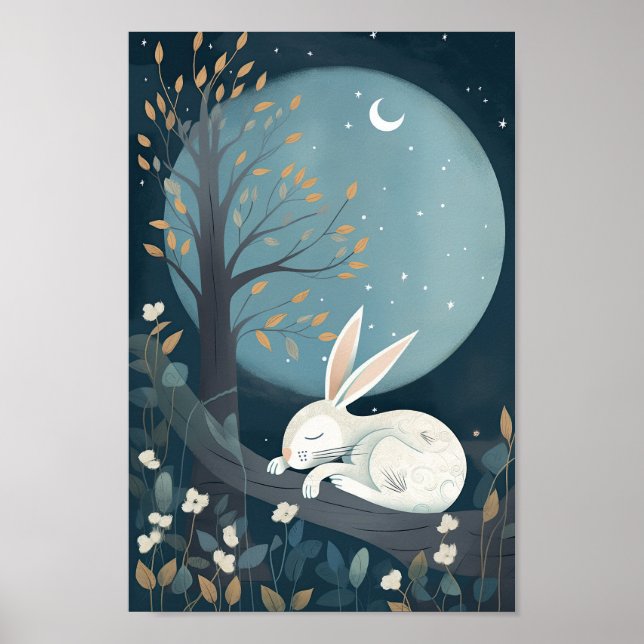 Cute póster de un conejo durmiendo bajo la Luna (Frente)