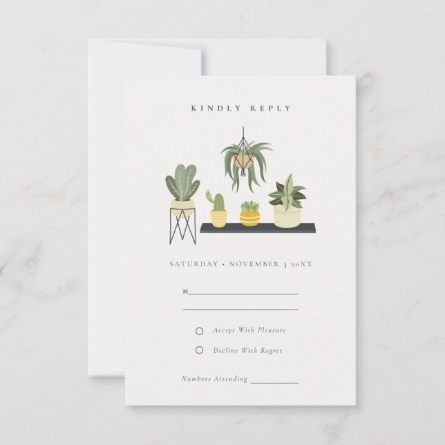 Cute Potted Leafy Succulent Plants Wedding RSVP (Anverso)