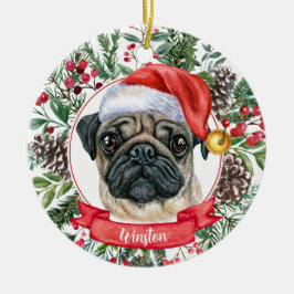 Cute Pug Dog Personalizado Santa Hat Ornamento de