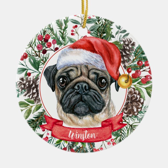 Cute Pug Dog Personalizado Santa Hat Ornamento de  (Frente)