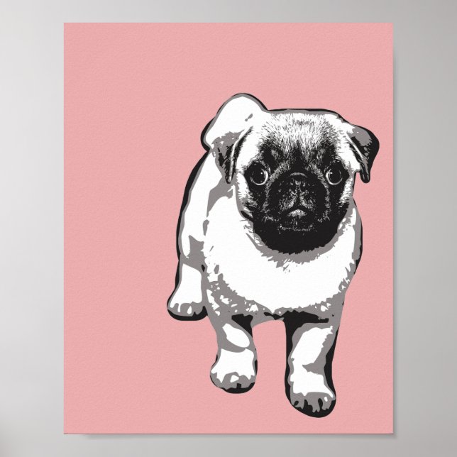 Cute Pug Dog Poster de Arte Moderno Rosa Negro y B (Frente)