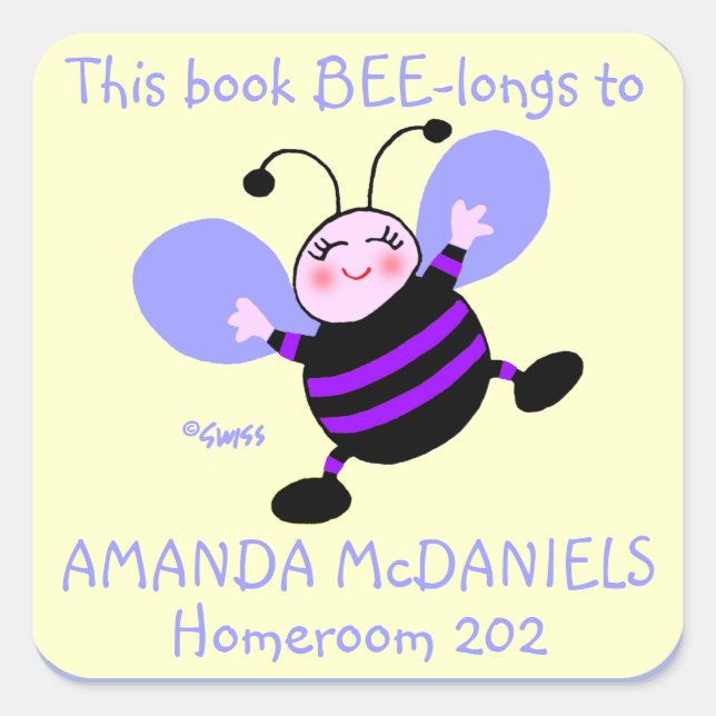 Cute Purple Bee Personalizado Pegatina De Libros P (Anverso)