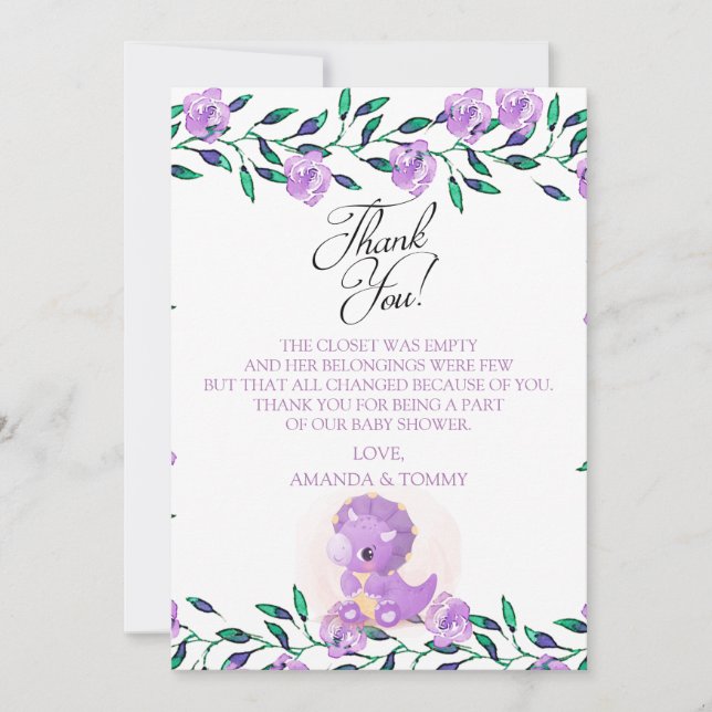 Cute Purple Dinosaur Baby Shower Tarjeta de agrade (Anverso)