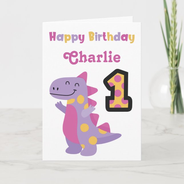 Cute Purple Dinosaur Primera Tarjeta de Cumpleaños (Anverso)