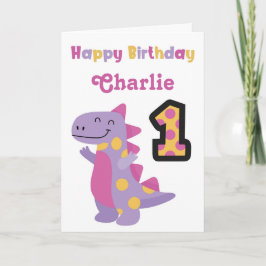 Cute Purple Dinosaur Primera Tarjeta de Cumpleaños