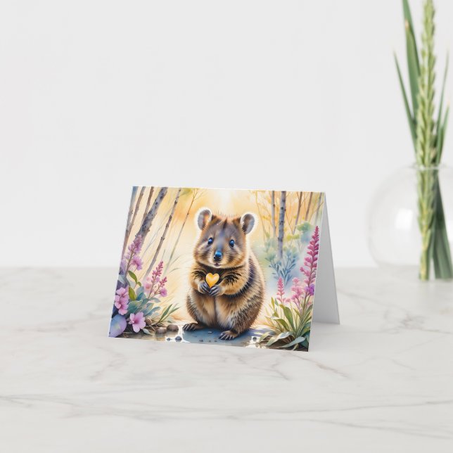 Cute Quokka Flor Corazón Acuarela Tarjeta de Felic (Anverso)