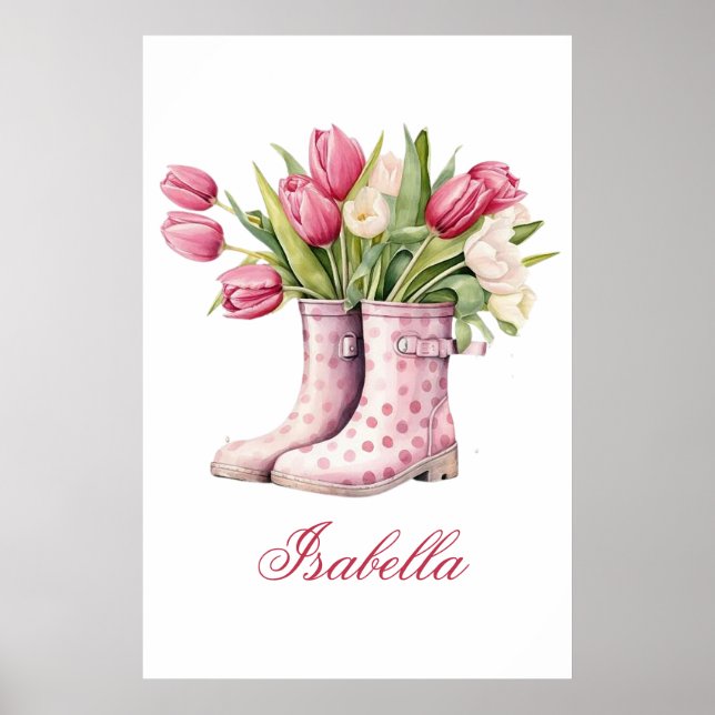 Cute Rainboots y Tulipanes Póster enmarcado (Frente)