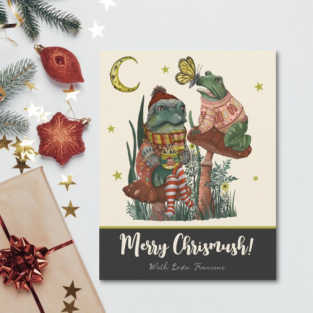 Cute Rana de champiñón negro y Feliz Navidad (Black Goth Christmas flat card with a whimsical illustration of frogs on mushrooms)