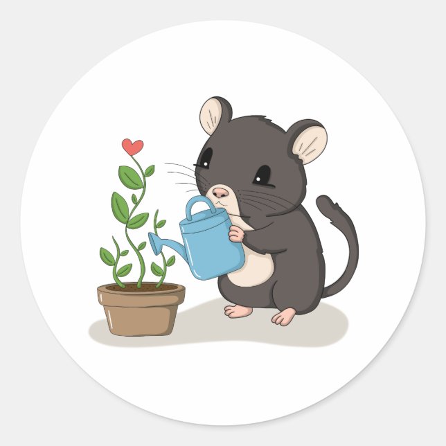 Cute Ratón Regando una Flor Calcomanía de Jardiner (Anverso)