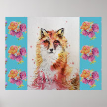 Cute Red Fox Animal Teal Rose Roses Póster