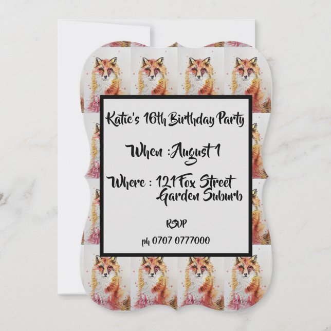 Cute Red Fox Watercolor Invitación a los 16 Años (Anverso)