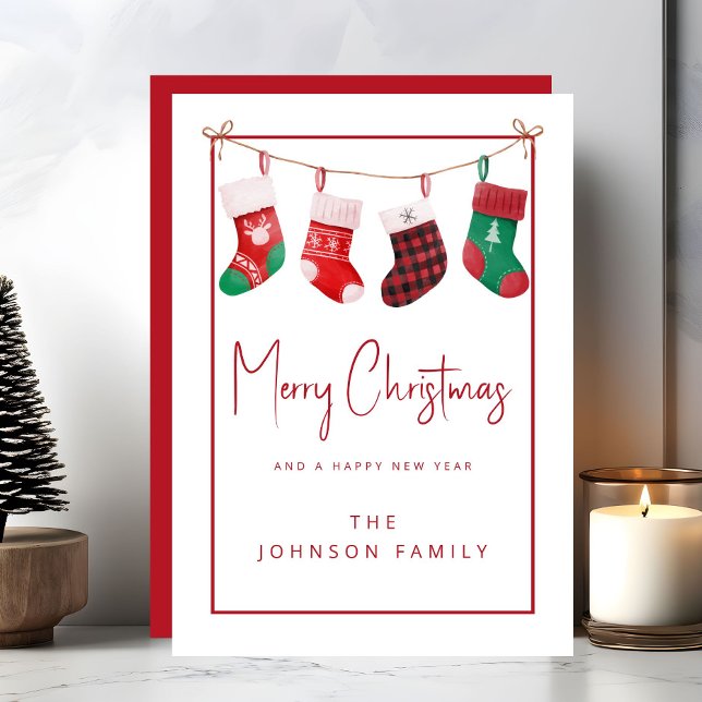 Cute Red Stockings Feliz Navidad (Cute Red Stockings Merry Christmas Holiday Card)