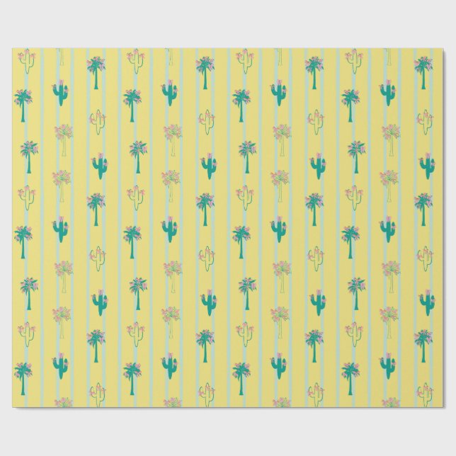 Cute Retro Cactus & Palm Trees Papel de regalo (Superficie plana)