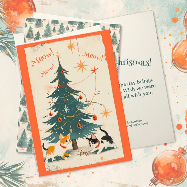 Cute retro gatos de árbol de Navidad de los años 1 (Cute Retro Cats 1950s Christmas Tree Folded Card)