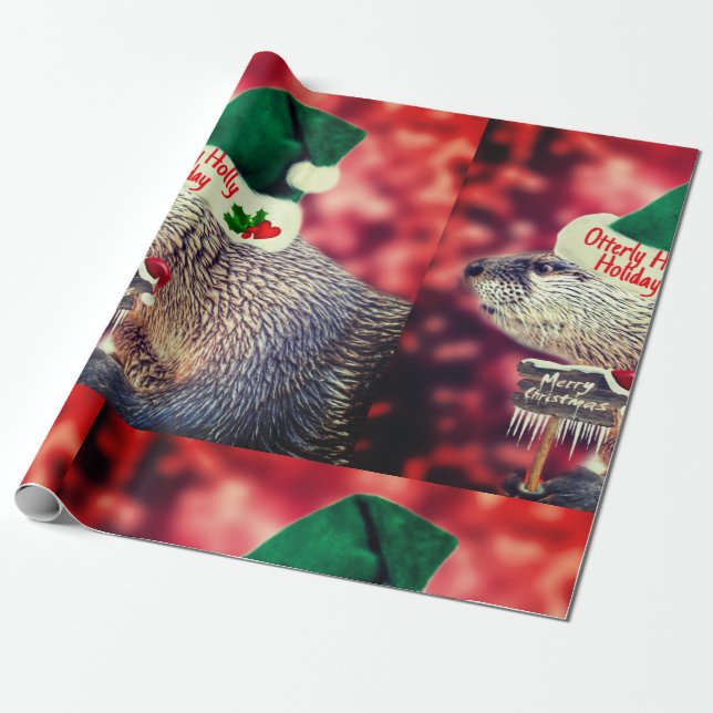 Cute River Otter alegre papel para envolver Navida (Desenrollado)