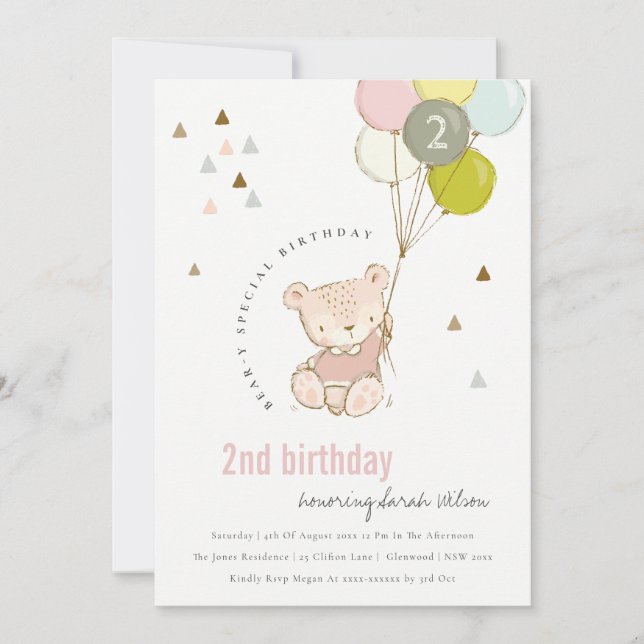 Cute Rubor Bear Balloon Cualquier Invitación de Cu (Anverso)