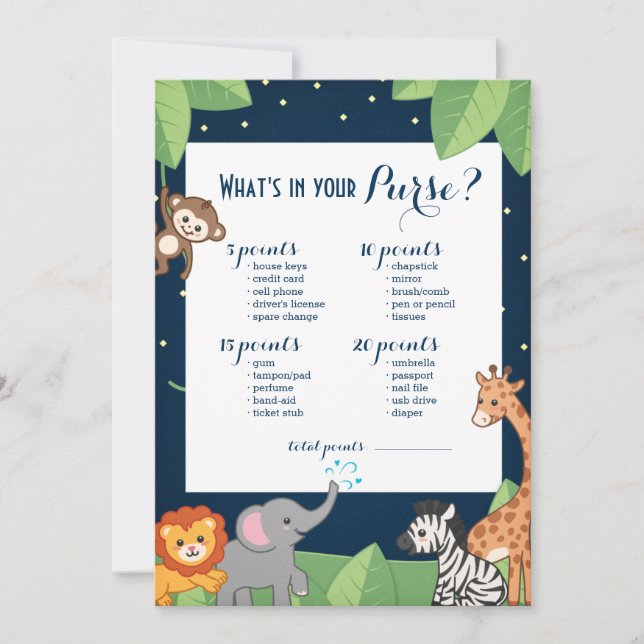 Cute Safari Animals Tarjeta de juego Baby Shower P (Anverso)