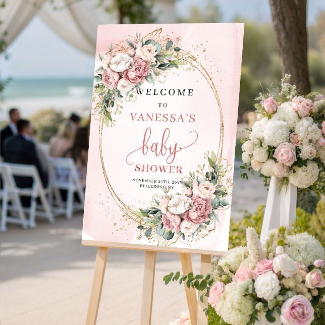 Cute Señal de Bienvenida de Shower de Bebé Floral  (Cute Dusty Pink Floral Baby Shower Welcome Sign)