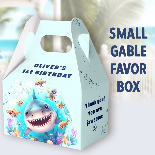Cute Shark Baby Boy Primera Caja de Favor de la Fi (Shark Light Blue Small Gable Favor Boxes - You can choose from 3 sizes of these gable favor boxes)