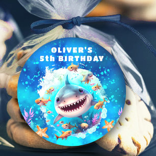 Cute Shark Boy Birthday Blue Pegatinas