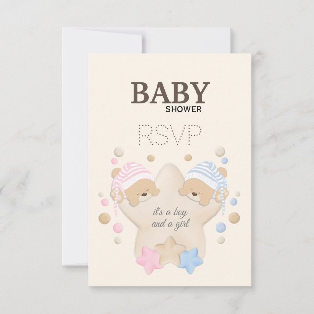 Cute Sleeping Teddy Bear Twins Baby Shower RSVP Ca (Anverso)