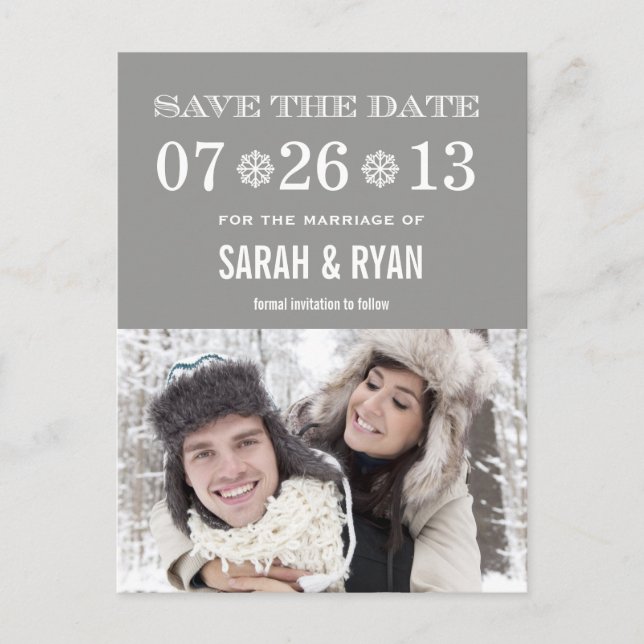 Cute Snowflake Grey Save the Date Tarjetas de Foto (Anverso)