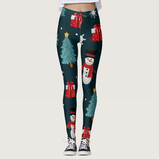 Cute Snowman and Christmas Tree Pattern Leggings (Anverso)