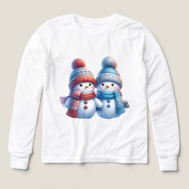 Cute Snowman Couple Winter Illustration T-Shirt (Diseño frontal)