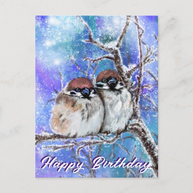 Cute Sparrows En Tarjeta De Cumpleaños De Invierno (Anverso)