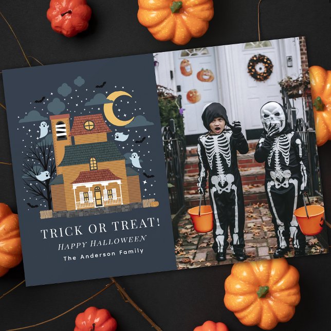 Cute Spooky Haunted House Halloween Photo Card (Subido por el creador)