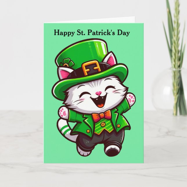 Cute St. Patrick's Day Cat plegado tarjeta de vaca (Anverso)